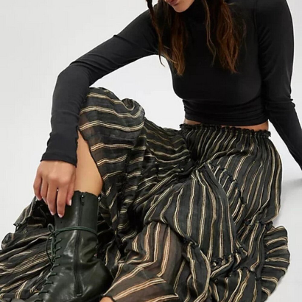 Free People FP One Ember Printed Midi Skirt Stripe Mid-rise XS